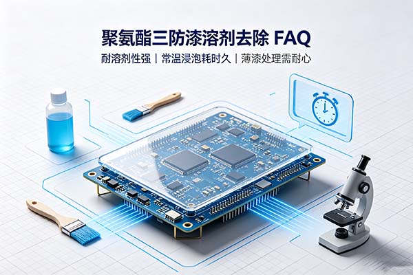 聚氨酯三防漆溶剂去除 FAQ 主图：电路板、溶剂瓶、计时器与三防漆处理示意